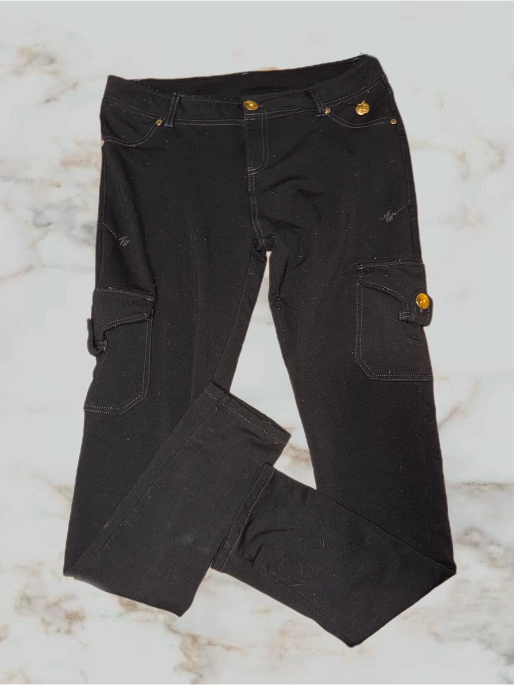 Apple Bottoms Black Cargo Leggings with Gold Buttons
